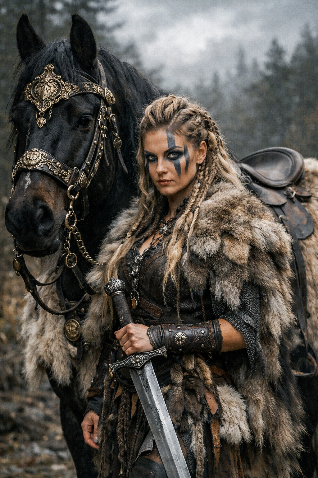 Wikingerin mit Pferd - AI generiert